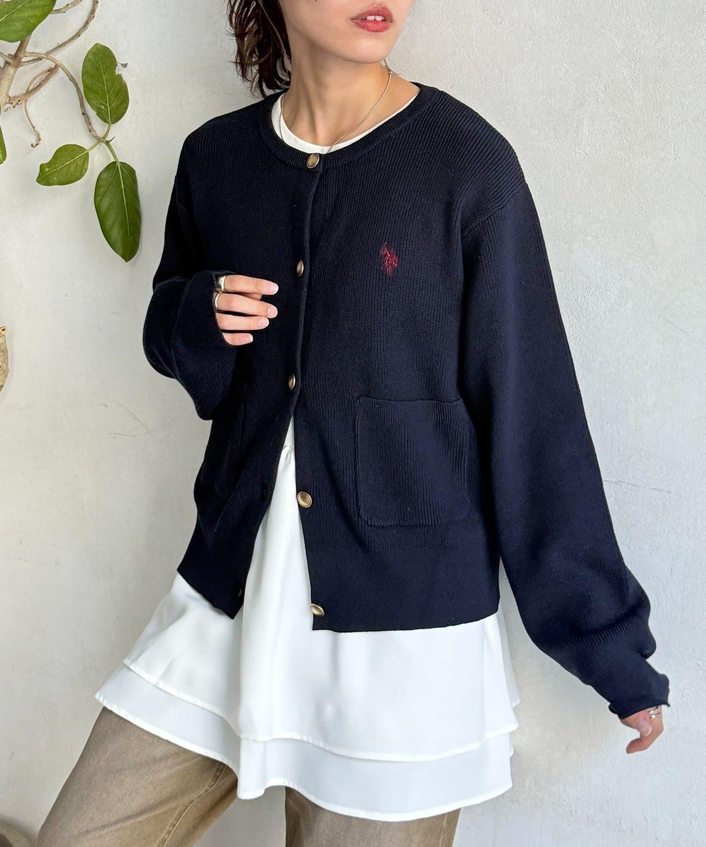 U.S. POLO ASSN. 畦編針織 金色紐扣 針織開衫