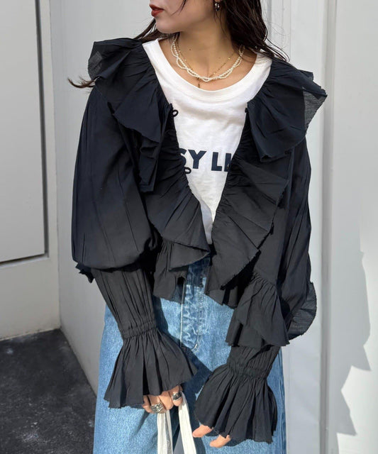 wiilow 荷葉邊褶飾 輕薄面料 女式襯衫