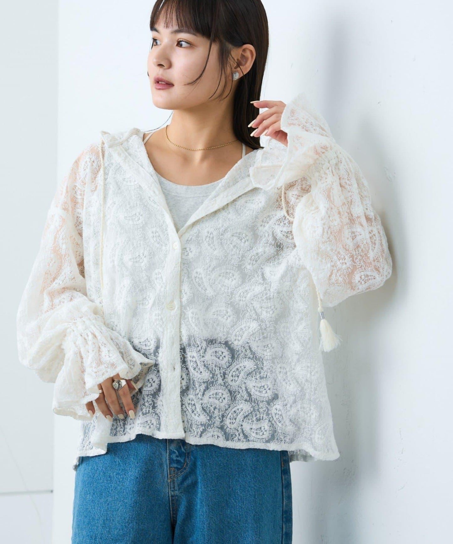 india 蕾絲透視連帽上衣