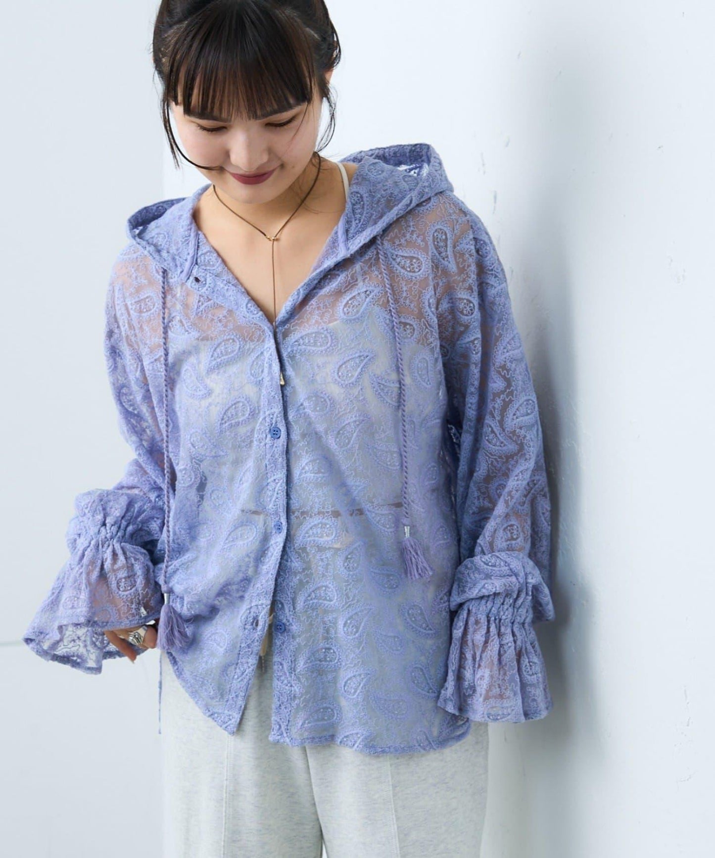 india 蕾絲透視連帽上衣