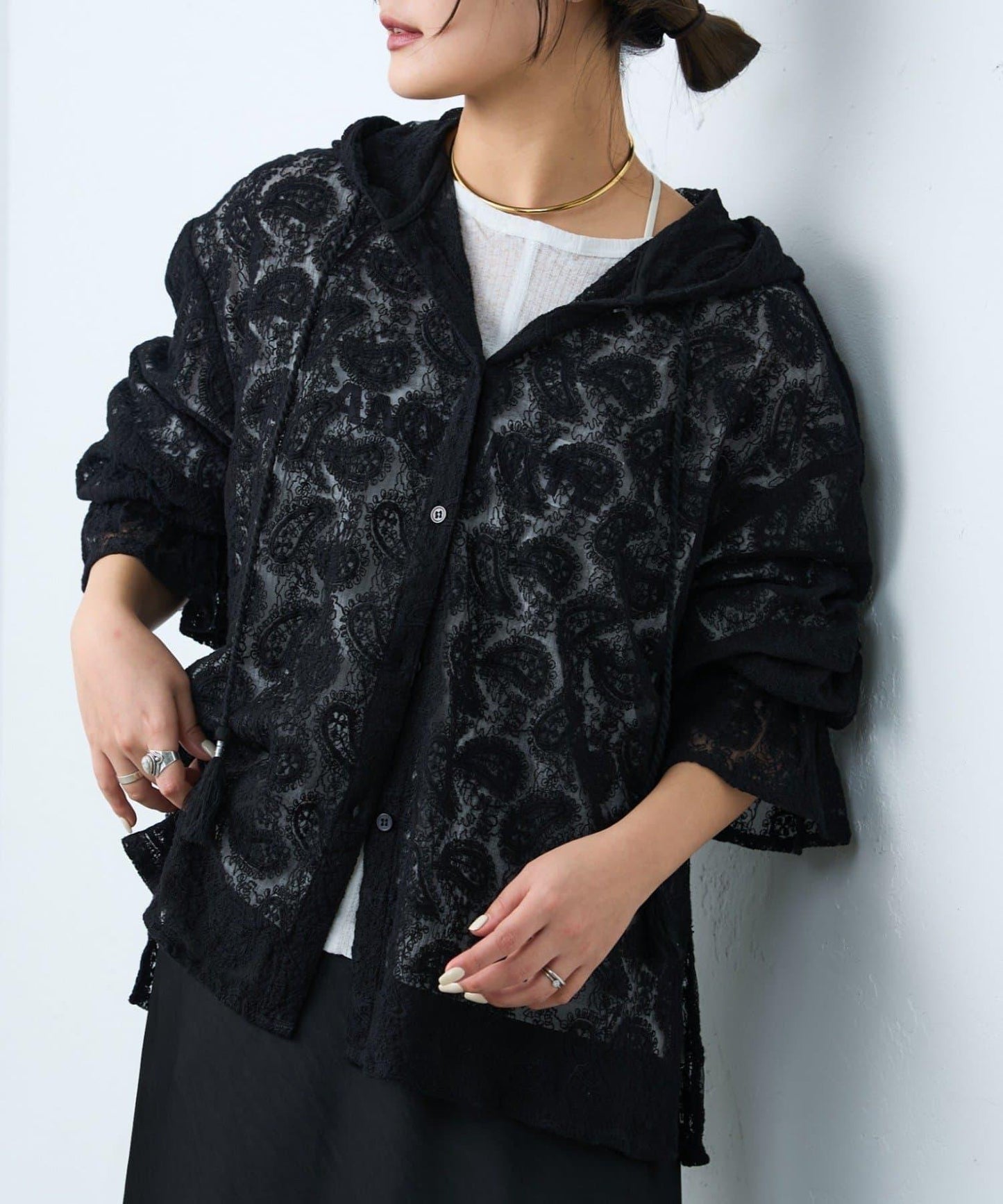 india 蕾絲透視連帽上衣