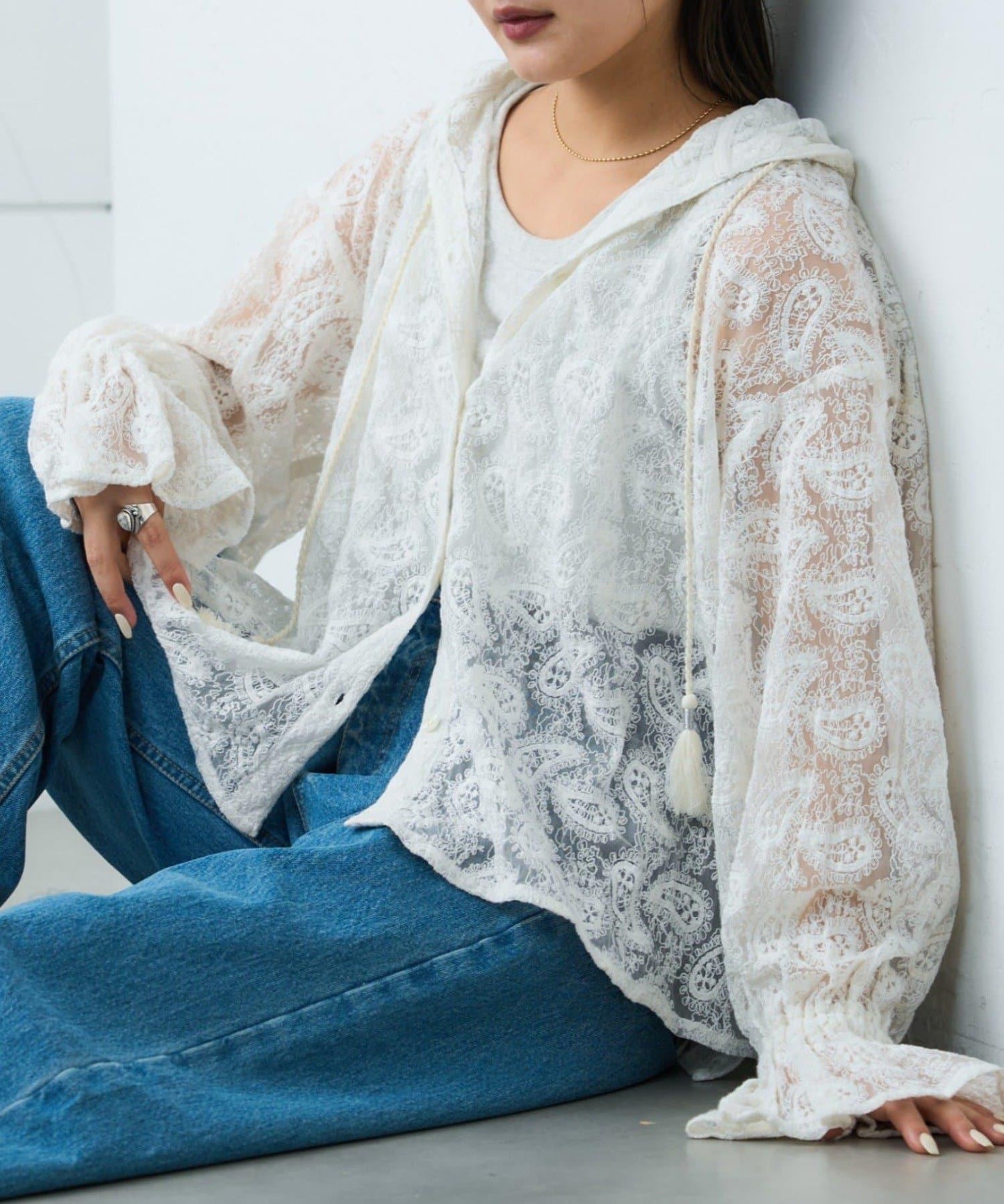 india 蕾絲透視連帽上衣