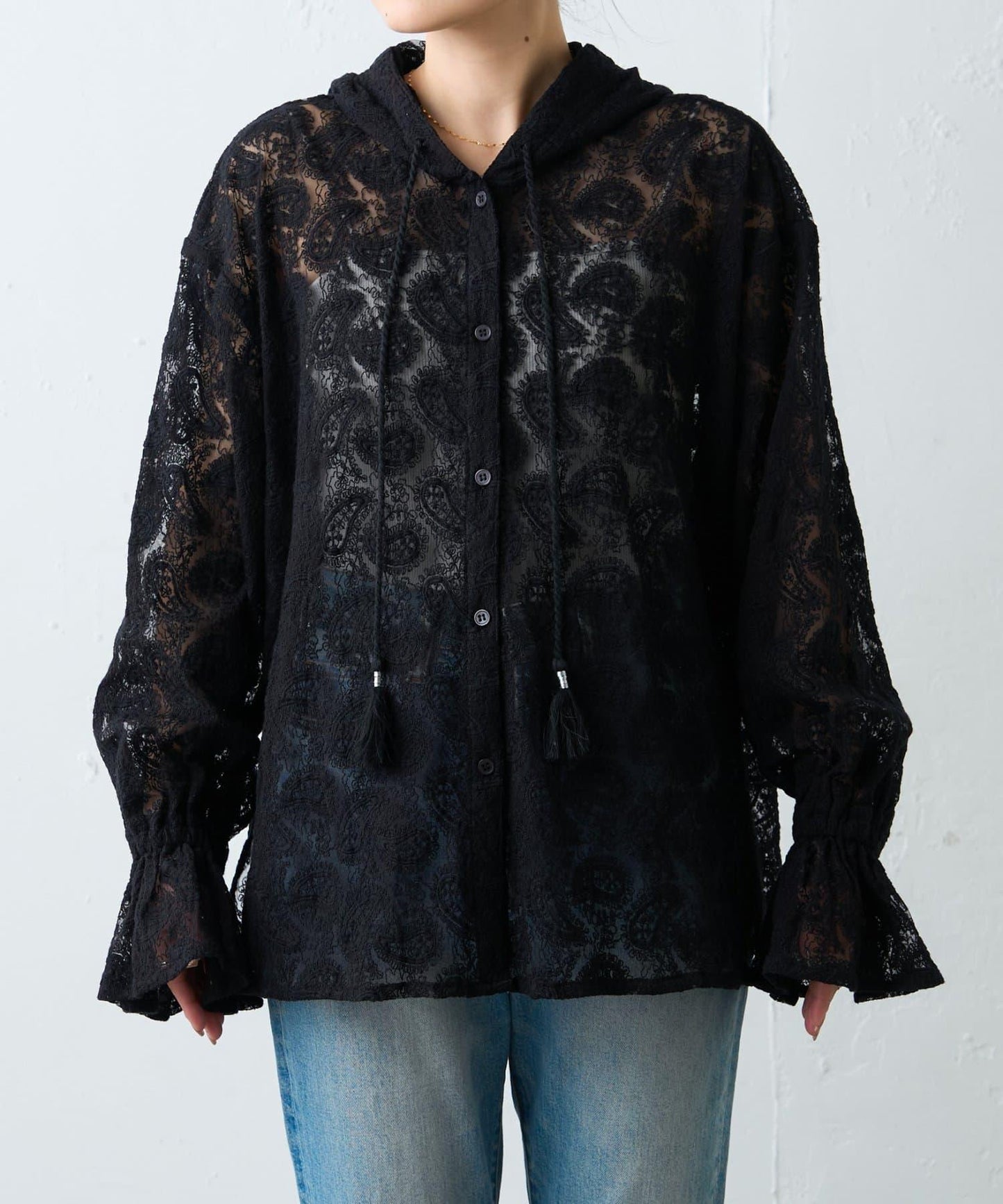 india 蕾絲透視連帽上衣