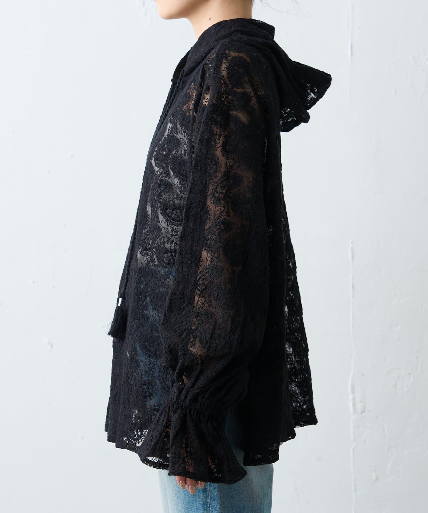 india 蕾絲透視連帽上衣