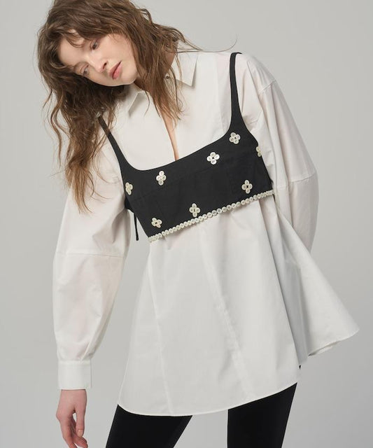 喇叭廓形 開襟領 氣球袖 襯衫