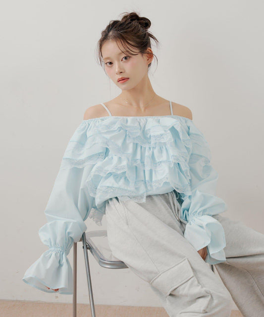 Chico 蓬鬆荷葉蕾絲襯衫