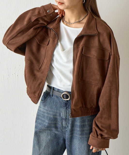 立領短款割絨麂皮夾克（網絡限定）