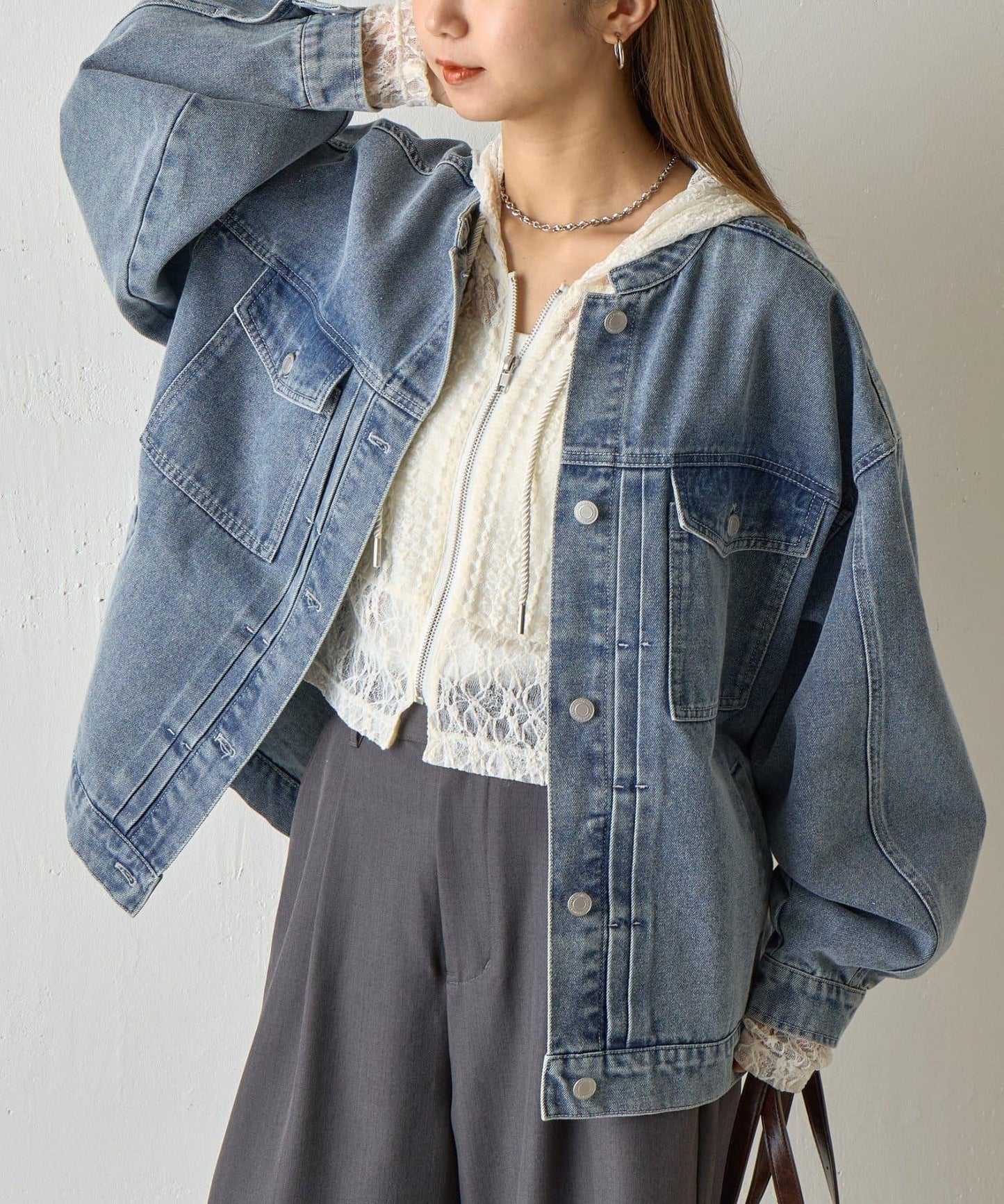 立領褶皺設計牛仔夾克