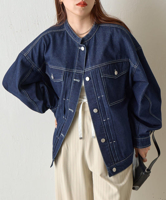 立領褶皺設計牛仔夾克