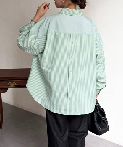 條紋後拼接設計鈕釦襯衫