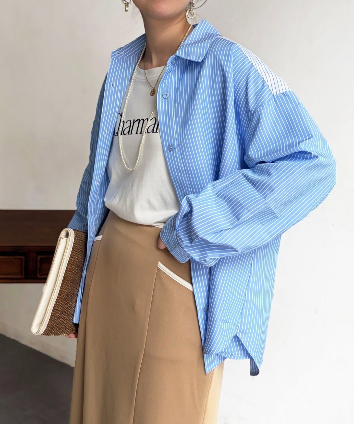 條紋後拼接設計鈕釦襯衫