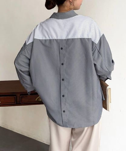 條紋後拼接設計鈕釦襯衫
