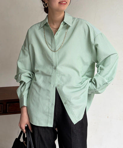 條紋後拼接設計鈕釦襯衫