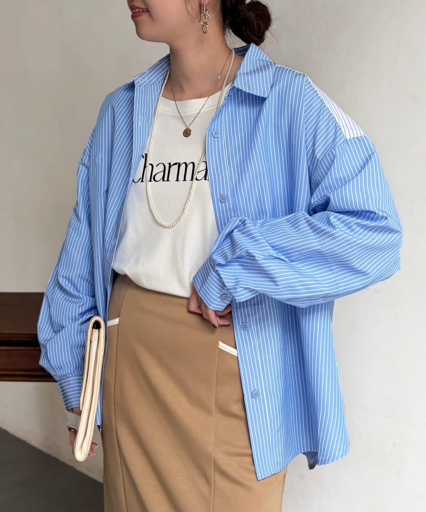 條紋後拼接設計鈕釦襯衫
