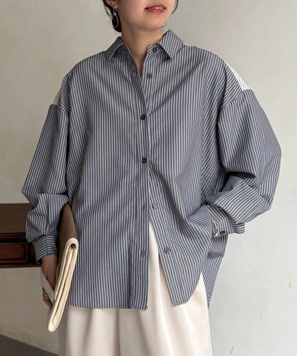 條紋後拼接設計鈕釦襯衫