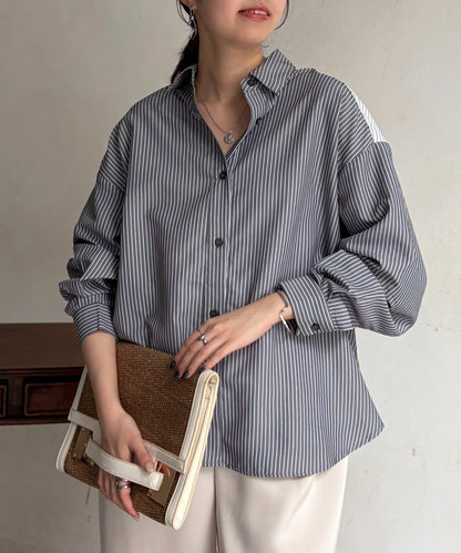 條紋後拼接設計鈕釦襯衫