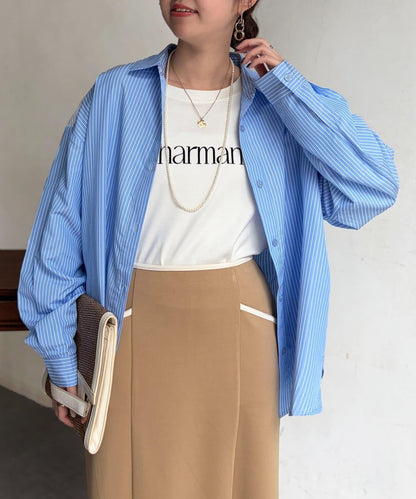 條紋後拼接設計鈕釦襯衫