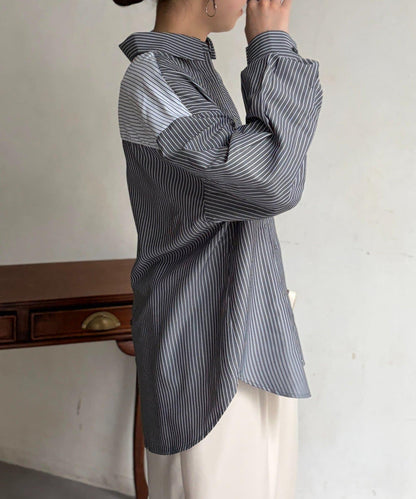 條紋後拼接設計鈕釦襯衫