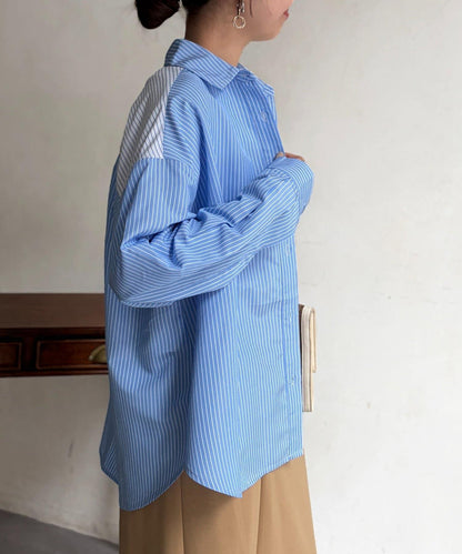 條紋後拼接設計鈕釦襯衫