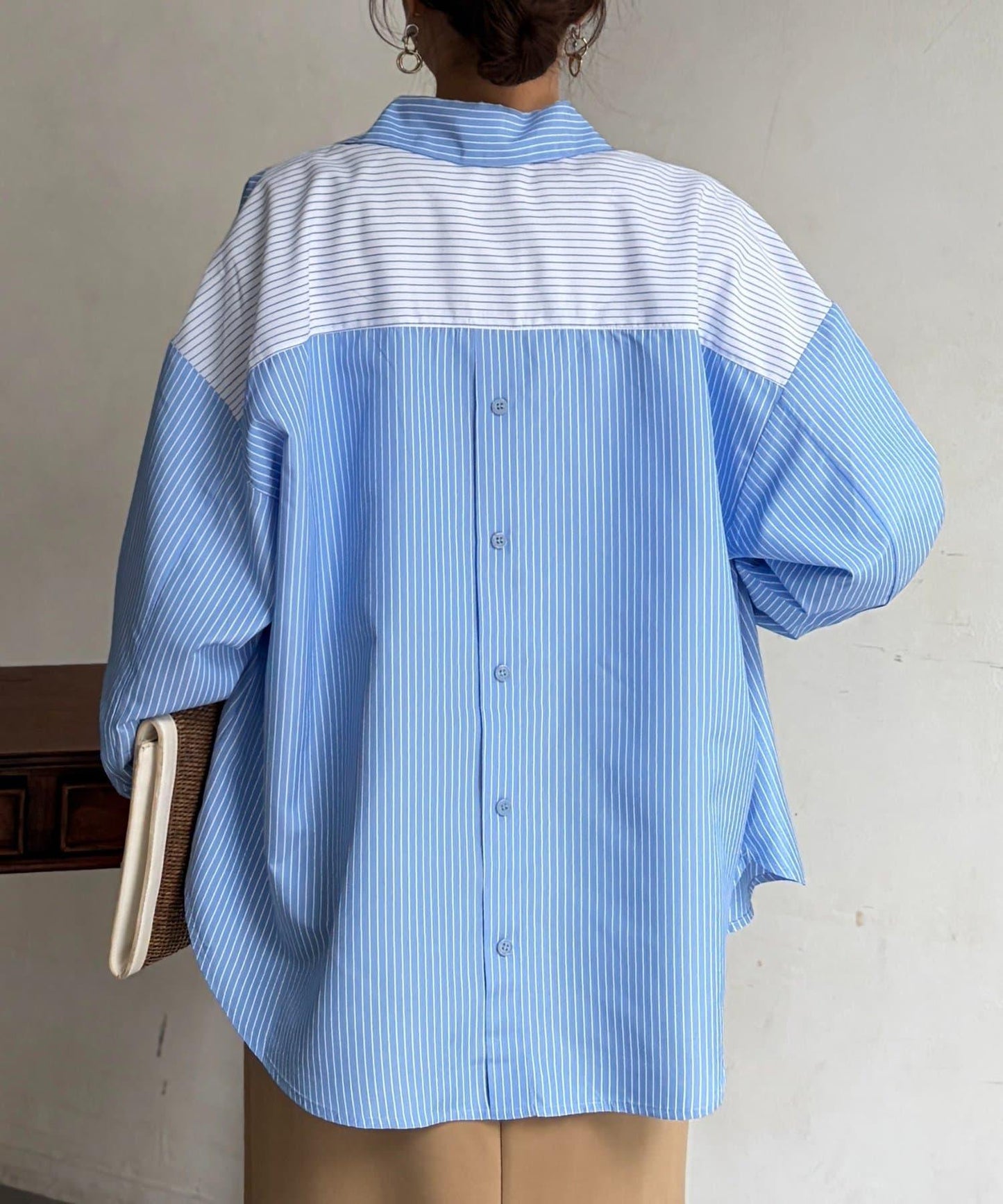 條紋後拼接設計鈕釦襯衫