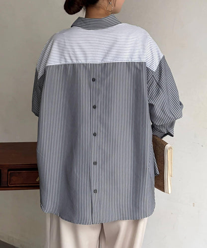 條紋後拼接設計鈕釦襯衫