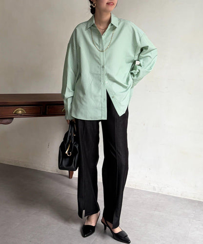 條紋後拼接設計鈕釦襯衫