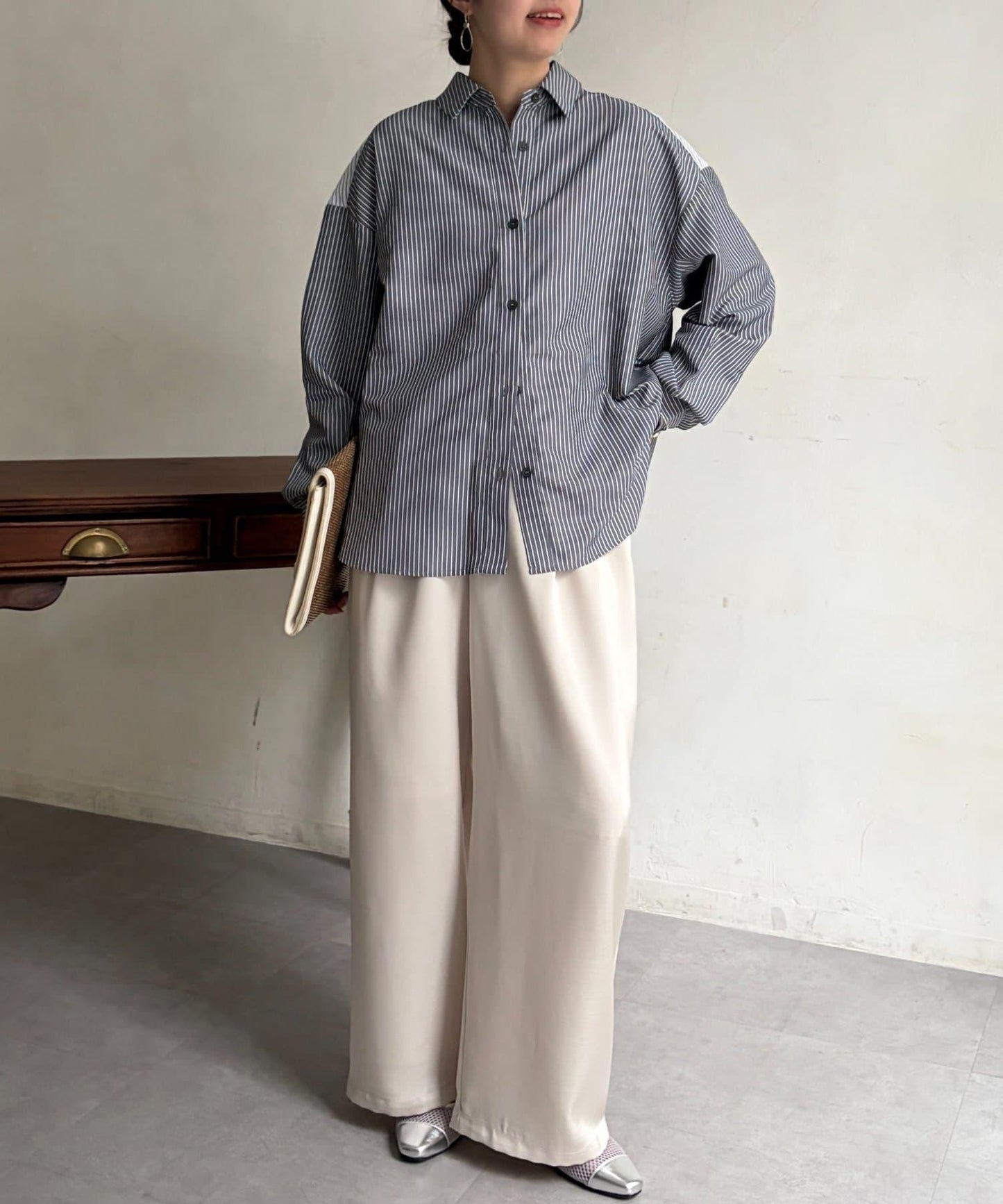 條紋後拼接設計鈕釦襯衫