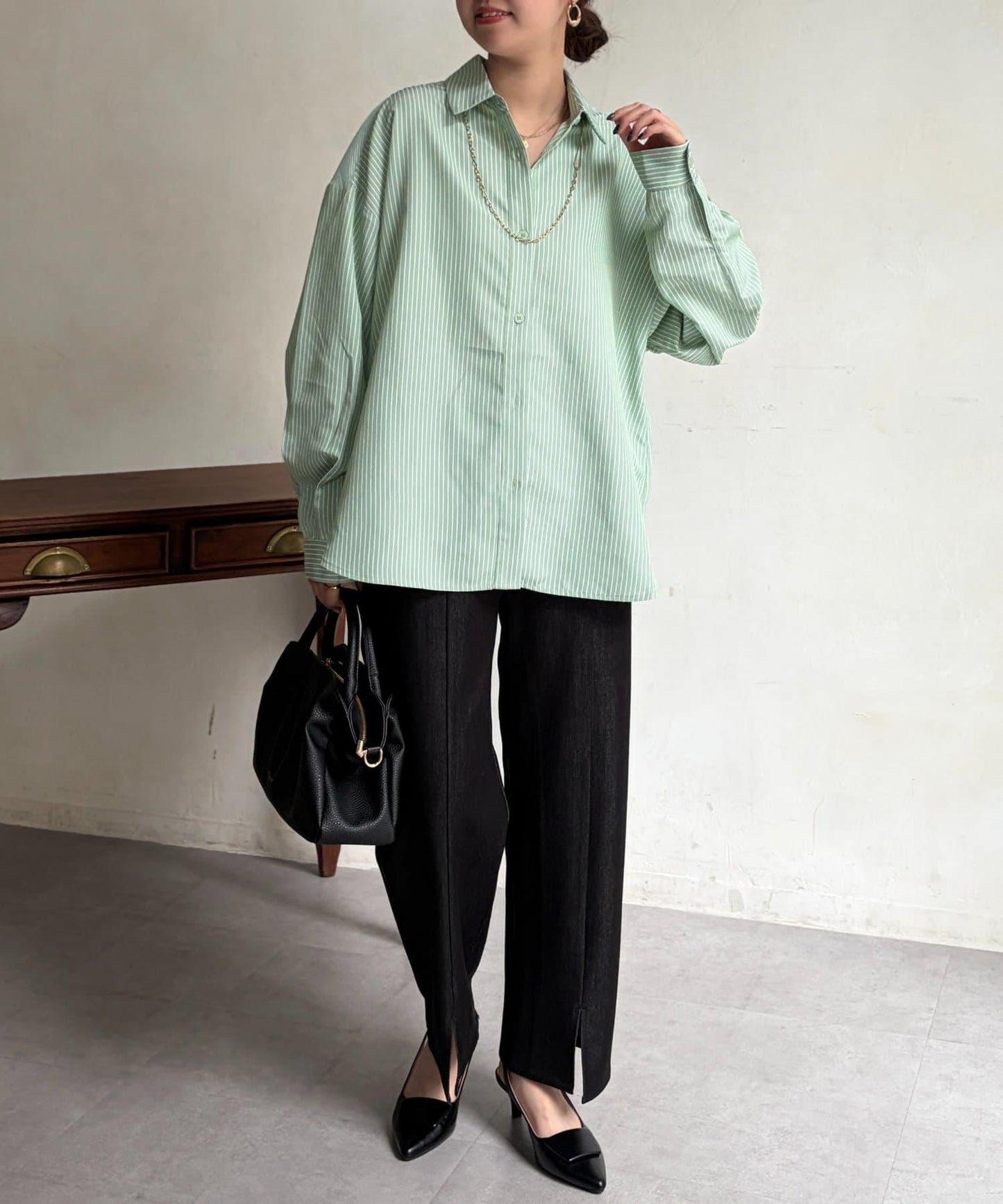 條紋後拼接設計鈕釦襯衫