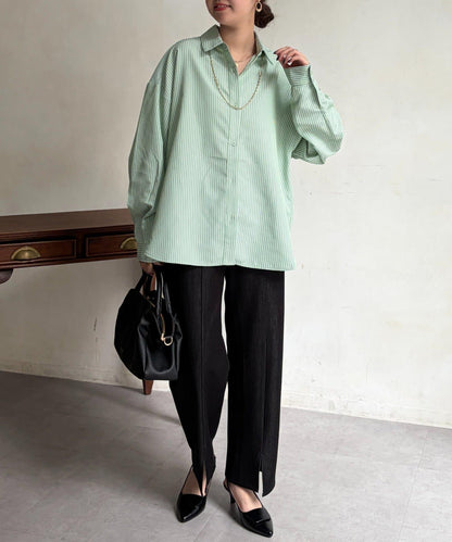 條紋後拼接設計鈕釦襯衫