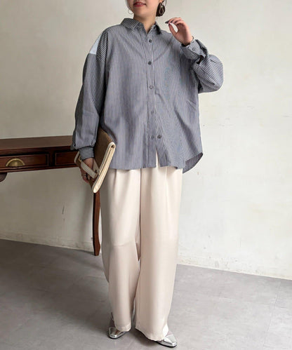 條紋後拼接設計鈕釦襯衫