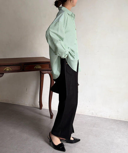 條紋後拼接設計鈕釦襯衫