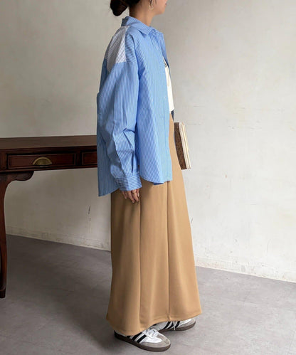 條紋後拼接設計鈕釦襯衫