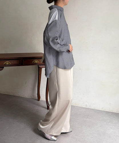 條紋後拼接設計鈕釦襯衫