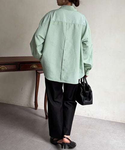 條紋後拼接設計鈕釦襯衫