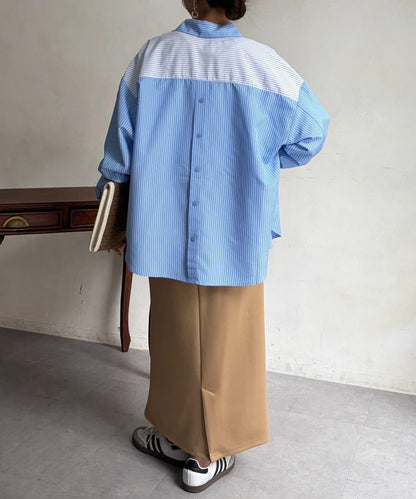 條紋後拼接設計鈕釦襯衫