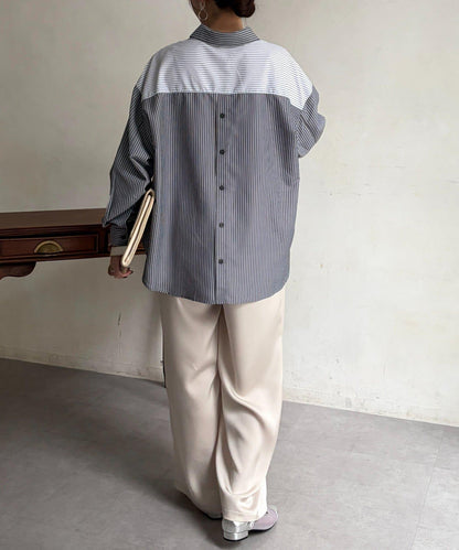 條紋後拼接設計鈕釦襯衫