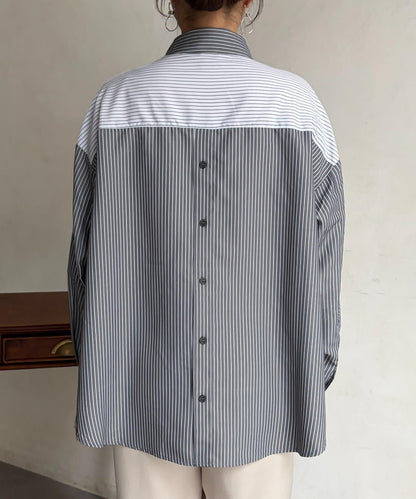 條紋後拼接設計鈕釦襯衫