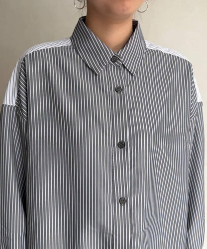 條紋後拼接設計鈕釦襯衫