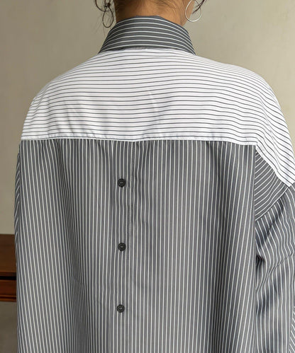 條紋後拼接設計鈕釦襯衫