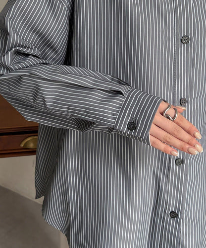 條紋後拼接設計鈕釦襯衫