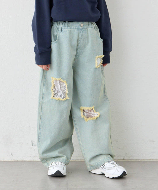 兒童蕾絲拼接 可調節腰圍 牛仔褲（含大童尺碼）