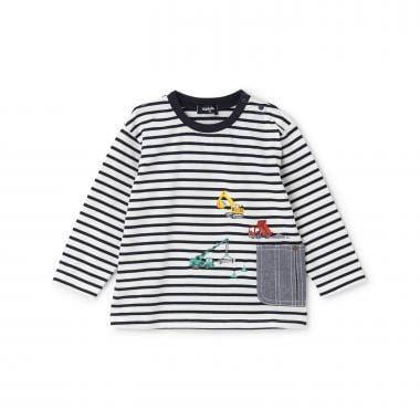 工程車口袋圖案 條紋 長袖T恤