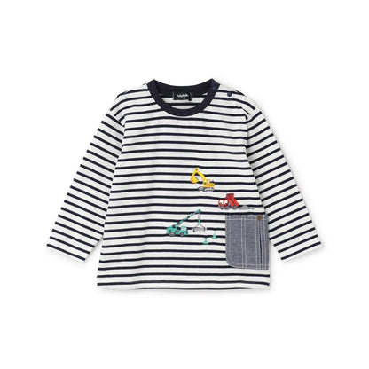 工程車口袋圖案 條紋 長袖T恤