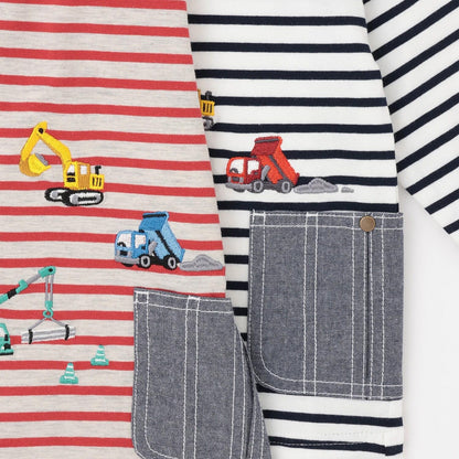 工程車口袋圖案 條紋 長袖T恤