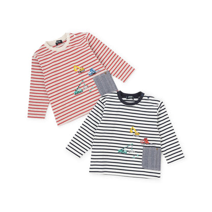 工程車口袋圖案 條紋 長袖T恤