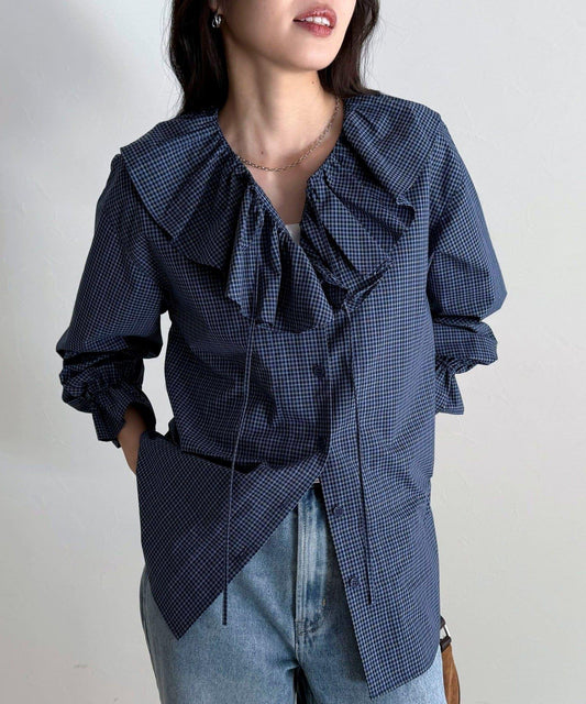 格紋荷葉領襯衫
