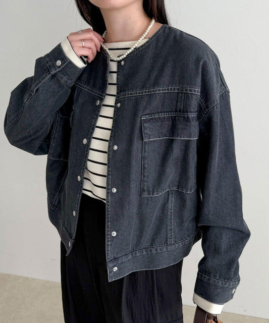 微色調牛仔無領夾克