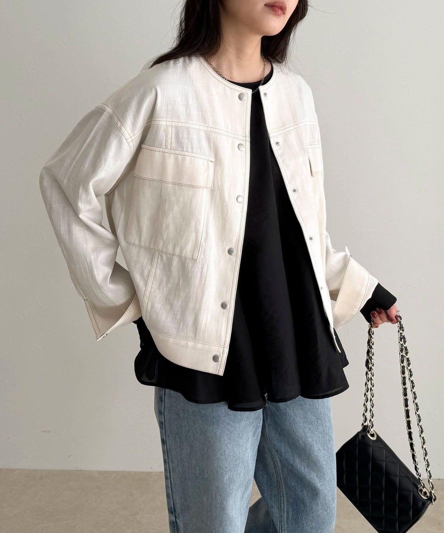 微色調牛仔無領夾克