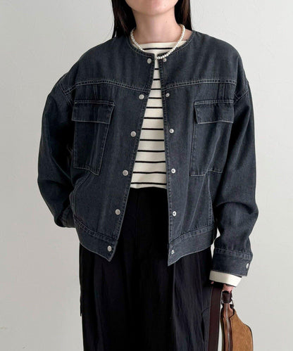 微色調牛仔無領夾克