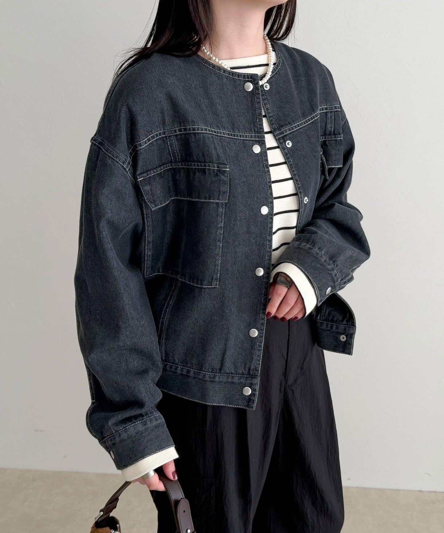 微色調牛仔無領夾克